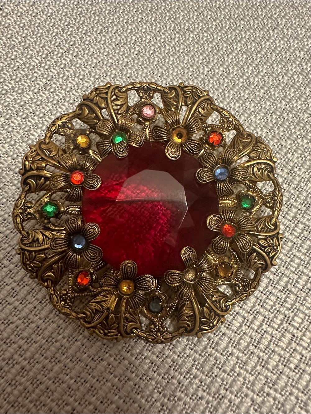 Vtg West Germany Red Glass Filigree Brooch Pin 1950s AS IS